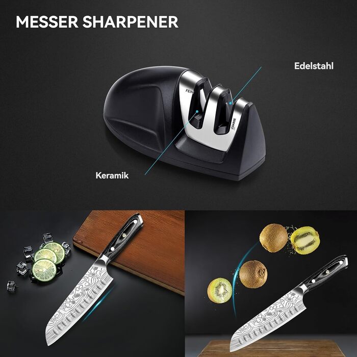 Ніж Santoku Cutiore 7 дюймів: професійний кухонний ніж з нержавіючої сталі EN.4116, з захистом пальців та точилкою в подарунковій коробці