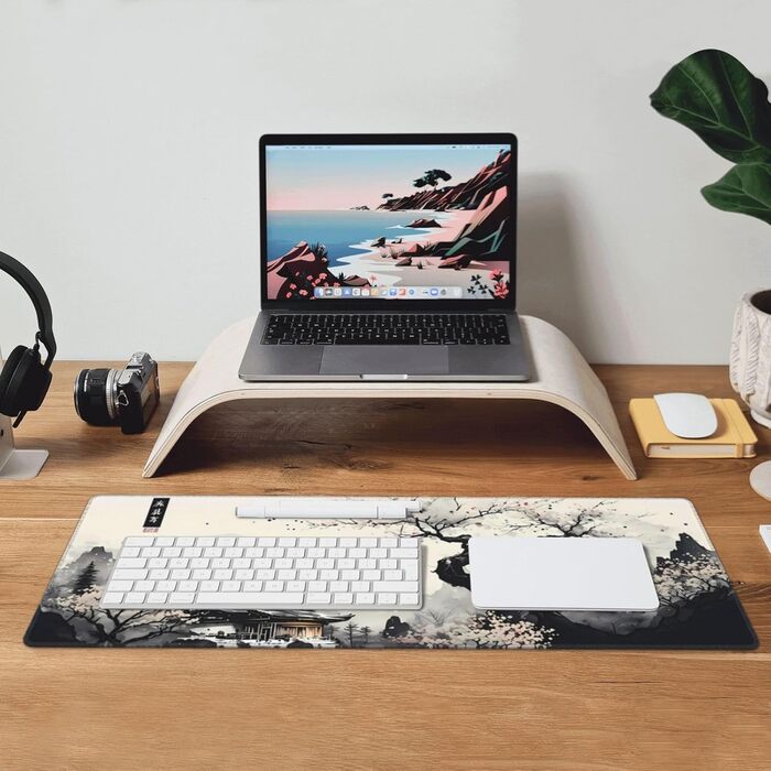 Килимок для миші для геймінгу, чорний, з принтом Канагава, великий, 80 x 30 см, нековзна гумова основа, водонепроникний, з прошитими краями, для геймінгу, офісу, дому