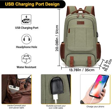 Tzowla Canvas Laptop Rucksack, Sailing Fabric Travel Backpack, Work Travel Bag for Men and Women, Backpack for 15.6-inch Laptop, Book Bag with USB Charging Port (17.3 inch, Green)