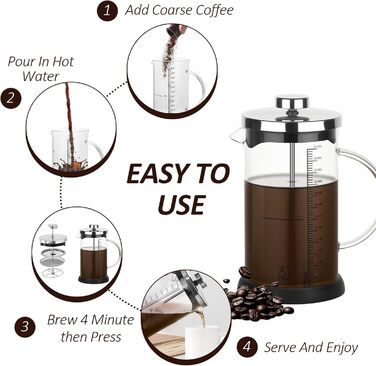 Френч-прес 600мл з нержавіючою сталлю, кавова преса, для приготування кави та чаю, стійке до нагрівання скло, підходить для миття в посудомийній машині