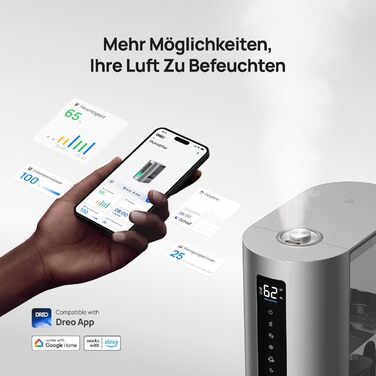 Dreo 6L Увлажнитель воздуха Smart для больших помещений с функцией аромадиффузора, теплый/холодный пар, сенсор влажности, Alexa, серебристый