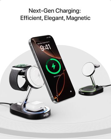 Intoval 3-в-1 Магнітний зарядний пристрій для iPhone 17/16/15/14/13/12, Apple Watch та AirPods. Бездротова зарядка з мережею (Чорний)