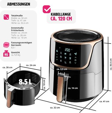 Електрична аерофритюрниця tectake XXL 8,5 л з сенсорним дисплеєм, 8 програм, без олії, з рецептурником, чорна