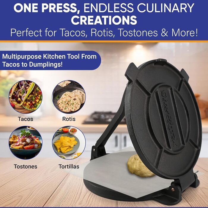 StarBlue Cast Iron Tortilla Press - 10 Inch with 100 Oil Sheets & Recipe eBook - Chapati, Roti, Tortilla Maker