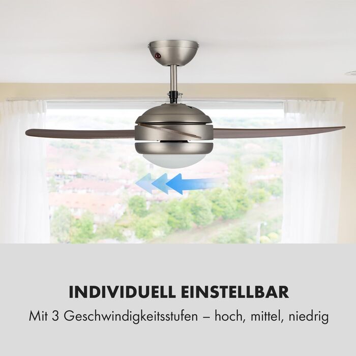 Стеляний вентилятор Klarstein El Paso 2-в-1: вентилятор та світильник, діаметр 52' (132 см), 3 лопаті, продуктивність 10.344 м³/год, 3 швидкості, дизайн темного дуба (Nussbaum)