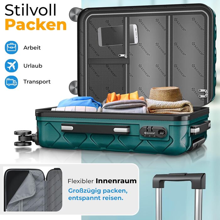 Набір валіз KESSER® 4 в 1 | Валізи з ABS, кодований замок, ваговою вагою та органайзером для подорожей | Ручна та велика валіза для бізнесу та подорожей, Petrol
