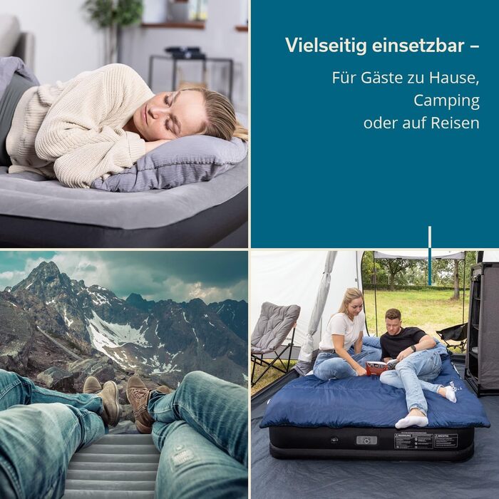 Надувна повітряна матрац Skandika Sveja | Матрац для кемпінгу, самонадувний з насосом, 204 x 151 x 43 см, вантажопідйомність 300 кг, сумка для перенесення | Матраци, намети, кемпінг (2 особи, мережевий адаптер & Smart Air)