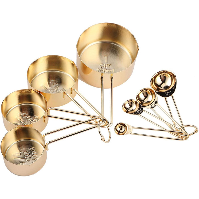 WAAZI 8-Piece Measuring Cup and Spoon Set, Stainless Steel Measuring Spoons with Buckle, Kitchen Baking Accessories for Milk-Tea Shops, Bars, Cafés, Kitchen Utensils (Color: Gold)