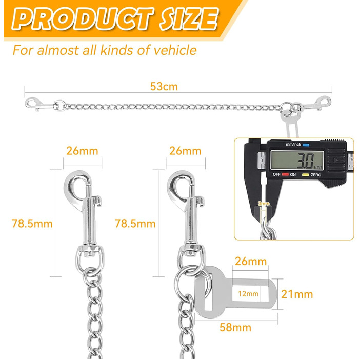 Нашийник для собак з ланцюгом, 53 см, автомобільний ремінь безпеки для собак, нержавіюча сталь 304, нашийник для собак, безпечний для маленьких/великих собак, котів