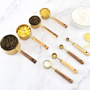 8-Piece Stainless Steel Measuring Cup and Spoon Set with Wooden Handle for Dry and Liquid Ingredients (Gold)