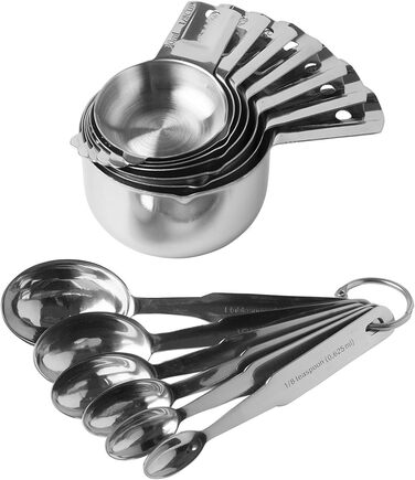 Measuring cups and spoons, 13-piece complete set of professional-grade quality 18/8 stainless steel – 7 stackable cups and 12 spoons, perfect for storing dry and liquid ingredients.