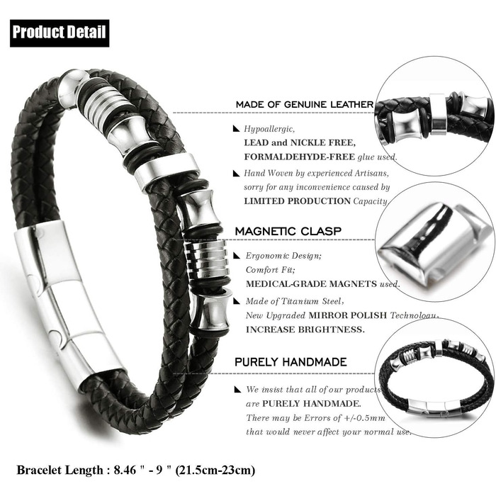 Браслет дитячий Halukakah Ehre Junior для хлопчиків зі шкіри чорного бика, з магнітним застібком, покриттям сріблом/золотом, титановими перлинами, в подарунковій коробці (6-12 років, 18-19.5 см)