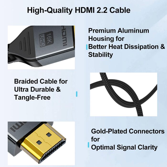 HDMI 2.1 Кабель 1м, 16K HDMI, 96Gbit/s, Підтримка 16K 60Hz, 8K 60Hz, 4K 240Hz, сумісний з PS5/4, Fire TV, ноутбук, ПК