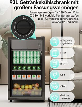 Холодильник для напоїв Devoko 93L з скляними дверцятами та LED-підсвіткою. Регульовані полиці для колі, пива та вина. Чорний колір, ідеально для дому та офісу.