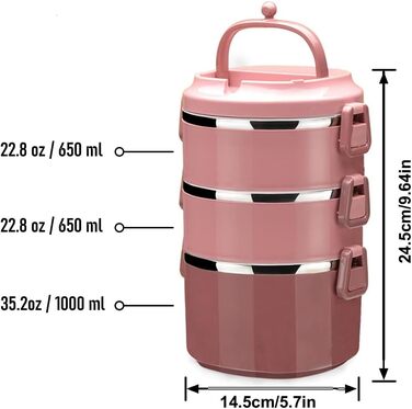 SANQIAHOME 3-Tier Stackable Stainless Steel Lunchbox, Leakproof, Pink