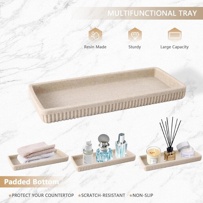 Набір аксесуарів для ванної кімнати XLHOMO з штучного каменю, 5 предметів: диспенсер для мила/лосьйону, тримач для зубних щіток, стакан, контейнер для ватних паличок та піднос для туалетного столика. Організатор для дому, колір: бежевий.