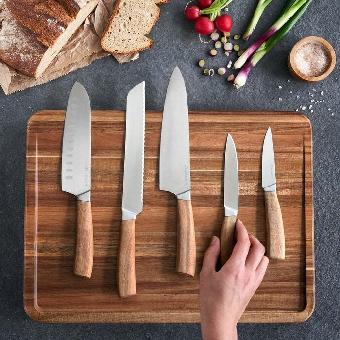 SPRINGLANE Acacia Wood Knife Block Set - 6 Piece German Steel Knives