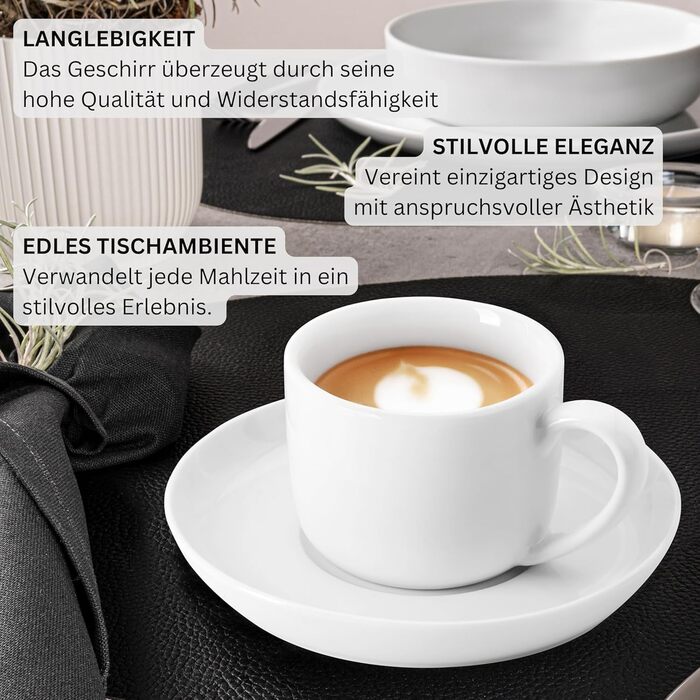 Набір чашок SÄNGER Marlo з блюдцем, 12 шт. (6 осіб), порцеляновий кавовий сервіз, білий, 200 мл | PREMIUM COLLECTION