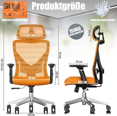 Офісне крісло KESSER® ергономічне з регульованими підлокітниками, поворотне з підтримкою попереку, з підголівником. Функція гойдання до 125° та 5 роликів. Оранжевий/срібний колір.