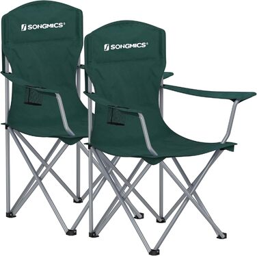 SONGMICS 2-Pack Folding Chair Camping Chair Folding Chair Comfortable Heavy-Duty Construction Max. Load Capacity 150 kg with Cup Holder Outdoor Chair (Dark Green)