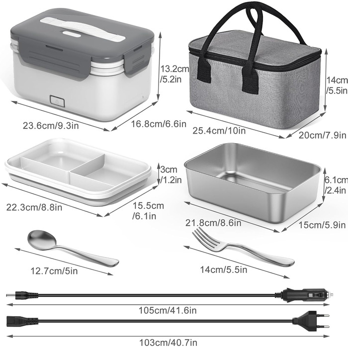 Herrfilk 100W Electric Lunch Box for Adults, 3-in-1 12/24/230V Thermos Lunch Box with Cutlery and Insulated Lunch Bag, Leak-Proof, 1.8 L Large Container, Food Container with Compartments for Car, Truck, Office