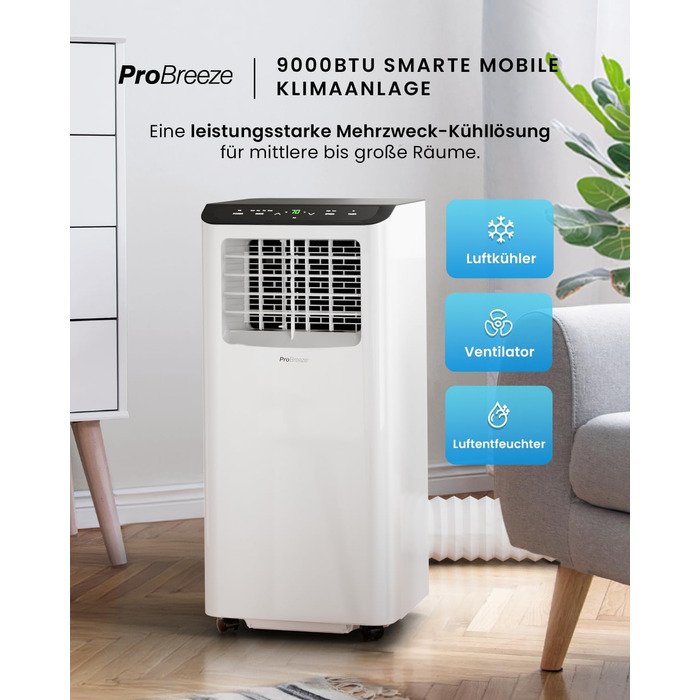 Мобільний кондиціонер Pro Breeze™ 9000 BTU 4-в-1: охолоджувач, вентилятор, осушувач, нічний режим, клас енергоефективності A, комплект для ущільнення вікна, пульт ДК та таймер 24 години, білий