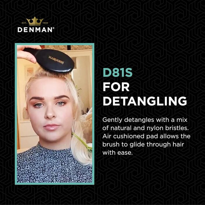 Щітка для волосся Denman Cushion Brush (Small) з м'якими нейлоновими щетинками та щетиною кабана - для розчісування, розплутування, випрямлення, сушіння феном та освіження волосся – чорна, P081S