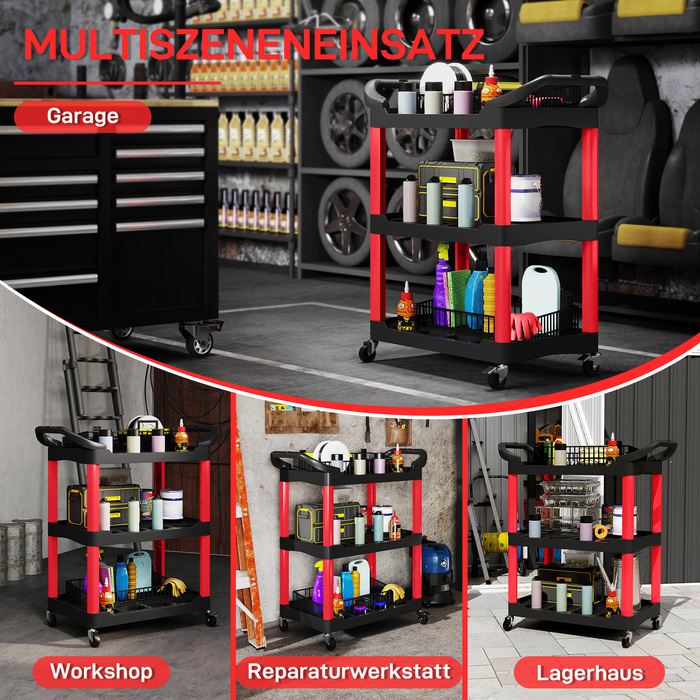 HOMCOM 3-Tier Workshop Utility Cart, Tool Cart with Handle, Hook Holes for Tools, Assembly Cart for Garage, Warehouse, Maximum Load Capacity 91 kg, Red+Black | Aosom