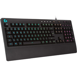 Ігрова клавіатура Logitech G213 Prodigy з RGB-підсвічуванням, програмовані клавіші G, мультимедійне керування, підставка для зап'ястя, захист від бризок, німецьке QWERTZ-розташування клавіш – чорний колір, німецька версія