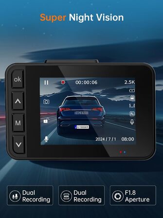 Відеореєстратор у машину Dashcam Auto з двома камерами, 2.5K+1080P, IPS-дисплей, G-сенсор, 170° кут огляду, паркувальний режим, циклічна запис, нічне бачення, карта 32GB