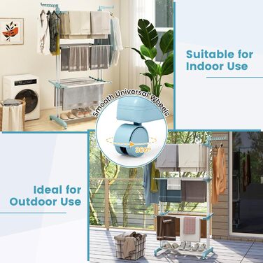 Сушарка для білизни HOMASIS з 4 рівнями, розкладна, на коліщатках, з бічними крилами, 127x63x171cm, 30 кг, світло-блакитна