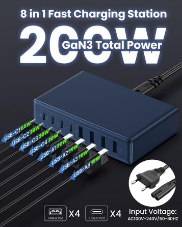 Мережевий зарядний пристрій USB-C 200W GaN III з 8 портами для MacBook Pro/Air, iPad, iPhone, Samsung, Steam Deck, QC4.0, PPS, PD 65W (Синій)