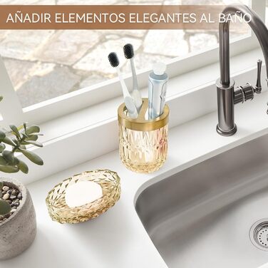 Набір аксесуарів для ванної кімнати з 5 предметів, золото, скло: диспенсер для лосьйону, мильниця, тримач для зубних щіток, стакан, ватні палички. Сучасний дизайн, вінтажний подарунок