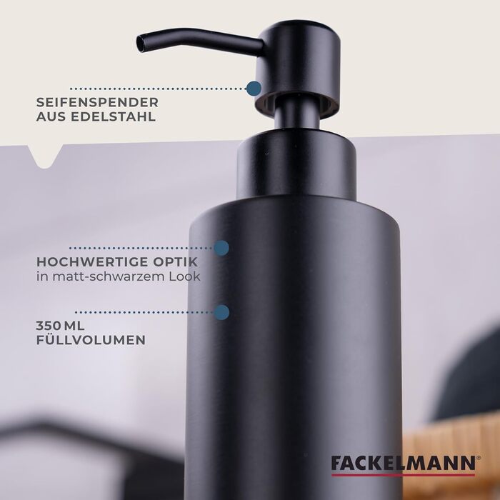 FACKELMANN Soap Dispenser & Toothbrush Holder Tecno, liquid soap dispenser made of high-quality stainless steel, holder for 4 toothbrushes, high-quality toothbrush holder (Color: Matte Silver), Quantity: 1 x 2-piece set (Dispenser Black)