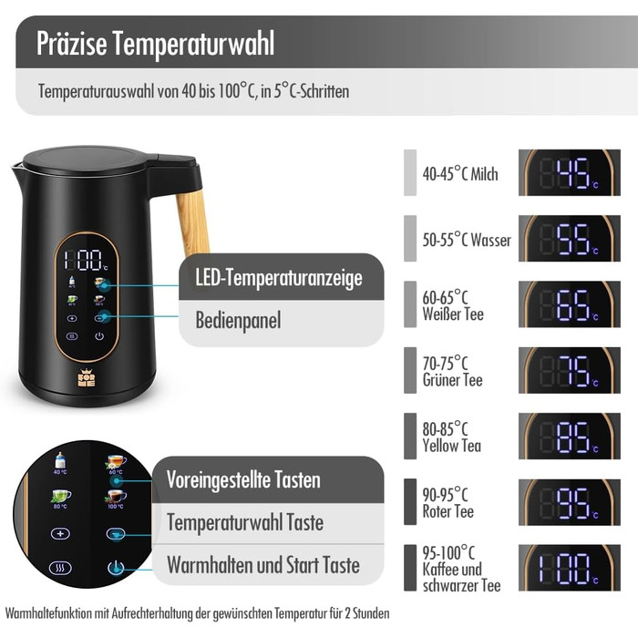 ForMe Stainless Steel Kettle 1.7 L with Temperature Setting, Temperature Selection 40-100°C, LED Digital Temperature Display, Adjustable Kettle, Tea Pot/Kettle, Keep-Warm Function, BPA Free