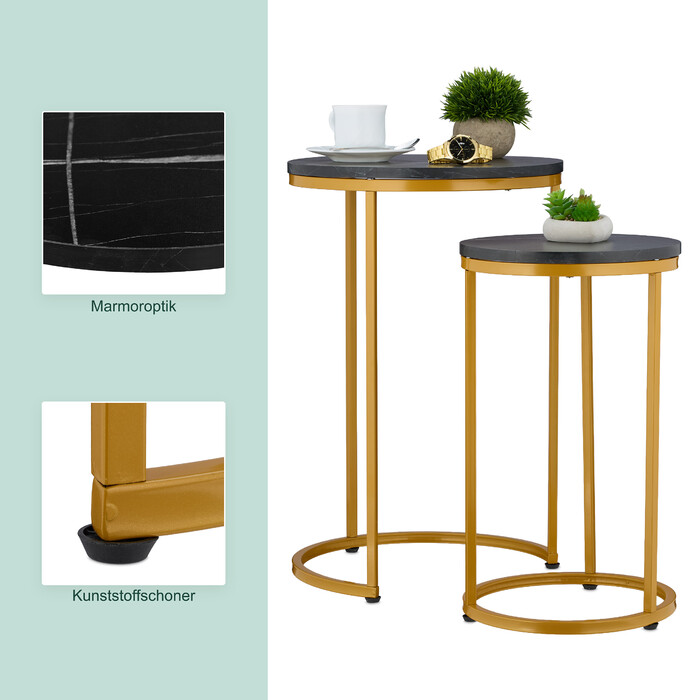 Relaxdays Side Table Set of 2, Marble Look & Metal