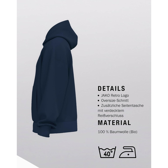 Товстовка-худі JAKO Wardrobe унісекс, бавовняна, щільна тканина 400 г/м², синя, розмір XS