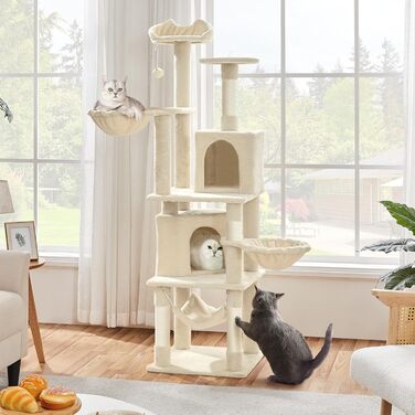 Кігтеточка Yaheetech XXL для котів, 175 см, для 3-4 котів, з платформами, гамаком, м'ячиком, бежева