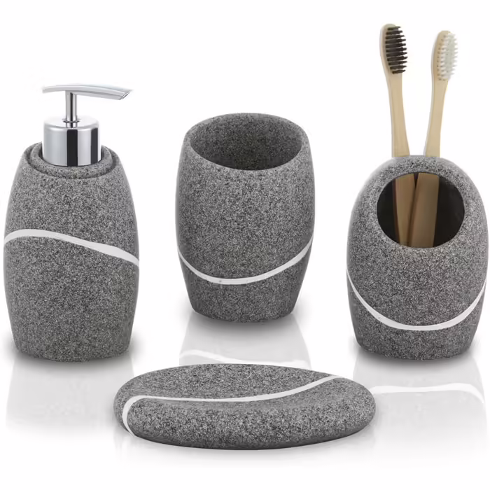 ZCCZ Bathroom Set – 4-Piece Organizer Set with Toothbrush Holder, Soap Dispenser, Cosmetic Tray, and Cotton Swab Holder – Elegant Stone-Look Decoration for Modern Bathrooms (Gray)