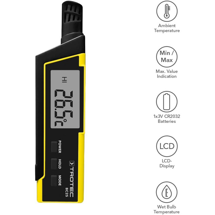 TROTEC Hygrometer BC25 – Humidity Meter and Thermometer – Measuring range -20 °C to +50 °C, Heat Index (HI), apparent temperature (WBGT)
