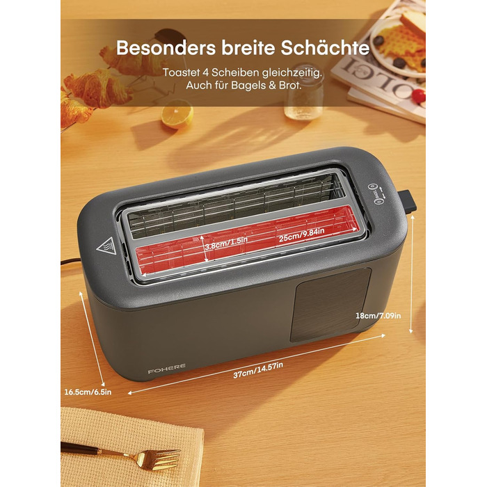Тостер на 4 підсмажувальні слоти, 1400W, нержавіюча сталь, довгі слоти, 9 режимів підсмажування, 3 види хліба, функція відключення, розморожування та підігріву, сенсорне керування, з насадкою для бутербродів (сірий)