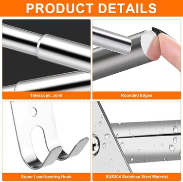 Тримач для рушників настінний з нержавіючої сталі, глянсовий, висувний, 2 стійки, 43-75 см з гачками, для ванної кімнати, монтаж на свердла або на клей - 2 способи встановлення, підходить для ванної та кухні