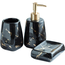 Набір аксесуарів для ванної кімнати XUDREZ з малюнком мармуру, кераміка, набір з 3 предметів: дозатор для лосьйону, стаканчик для зубних щіток, мильниця, чорний глянцевий, преміум якість