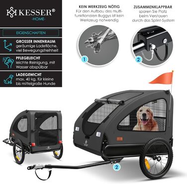 KESSER® Переноска для собак Боксер 2-в-1, велосипедна та прогулянкова, велика (250л), з прапорцем та сумкою, матеріал 600D Oxford Canvas, складана SmartSpace, до 45кг (антрацит/чорний)