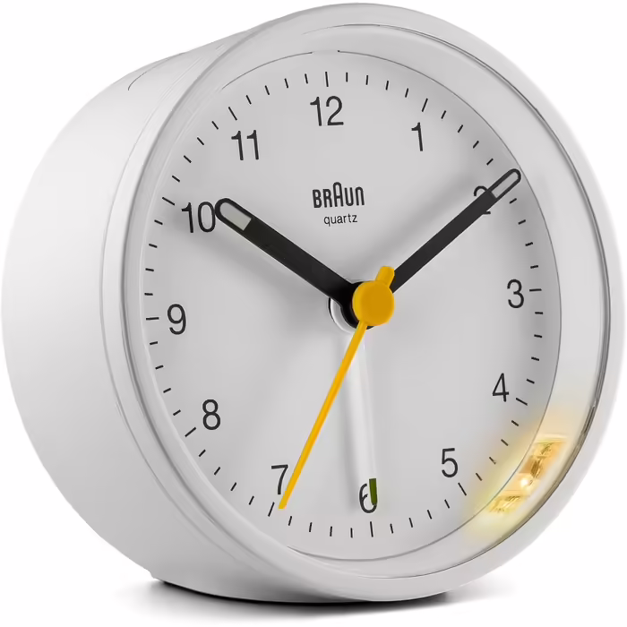 Braun Classic Analog Alarm Clock with Snooze Function and Light, Silent Quartz Movement, Crescendo Alarm in White, Model BC12W.