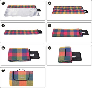 SONGMICS Плед для пікніка 195x150 см, вологостійкий, для парку, саду, пляжу, червоно-зелено-оранжевий, згинається, машинного прання, GCM50K
