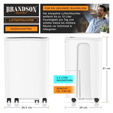 Електричний осушувач повітря Brandson з компресором, 10 літрів, Wi-Fi, з функцією відведення води по шлангу та керуванням через додаток