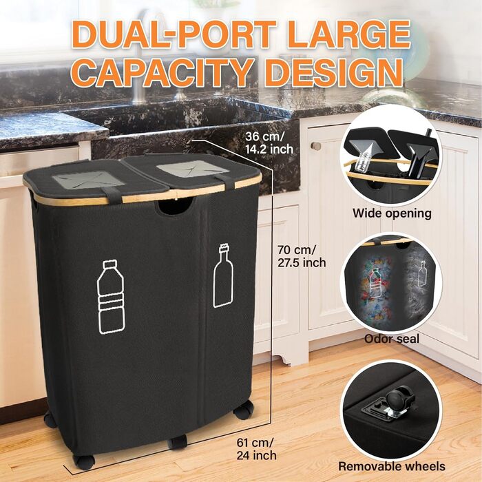 Deposit bottle collection container with lid & 2 removable carrying bags, large deposit bottle storage, container for empties & glass recycling, kitchen pantry bottle bag (150L)