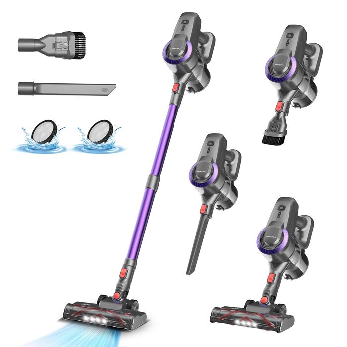 Бездротовий акумуляторний пилосос 28000Pa з антизаплутаною насадкою та самостійним паркуванням, легкий ручний пилосос для прибирання килимів, твердих підлог та шерсті тварин (Пастелевий лавандовий)