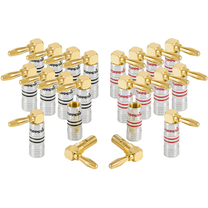 Комплект кутових бананових роз'ємів Poppstar High End (12 шт), 24k позолочені контакти, до 6 мм², чорні та червоні